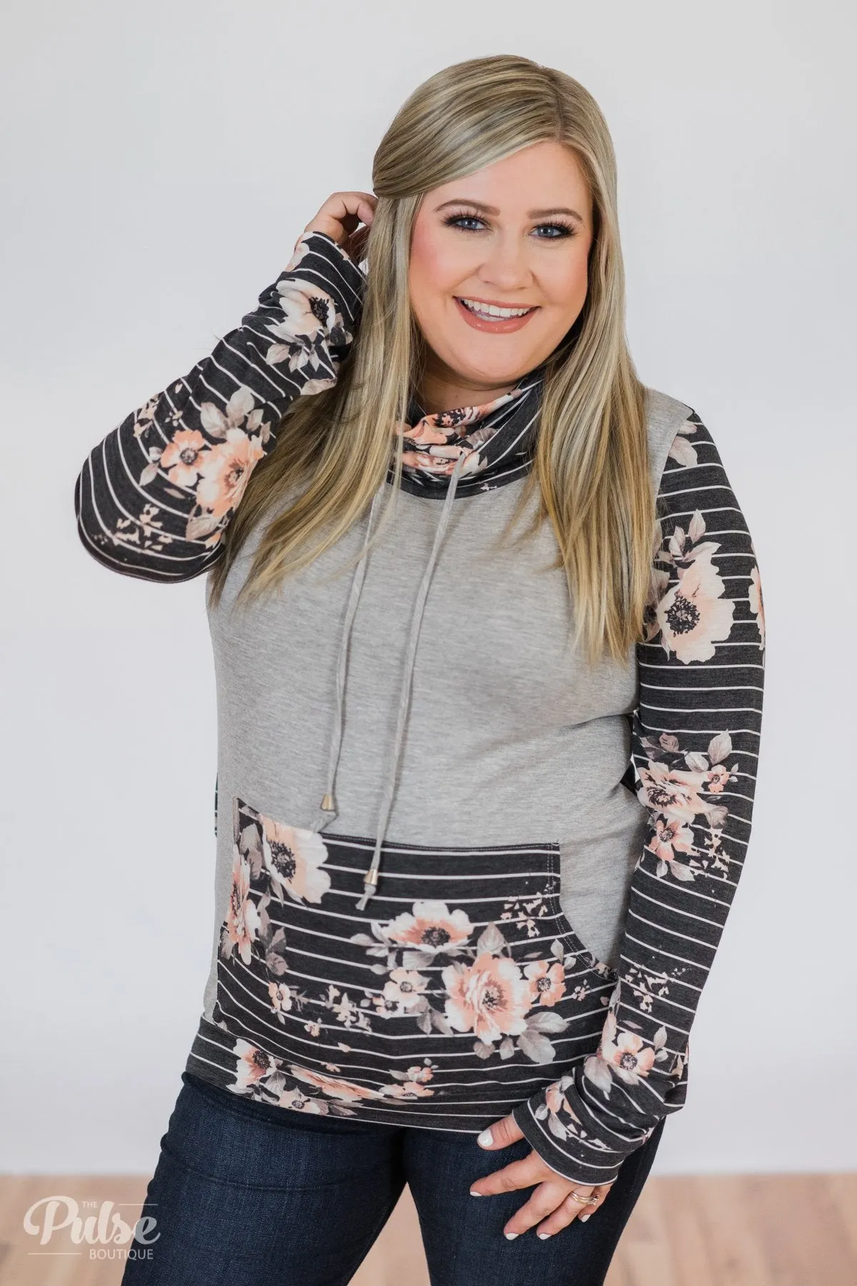 Floral & Stripes Cowl Neck- Grey