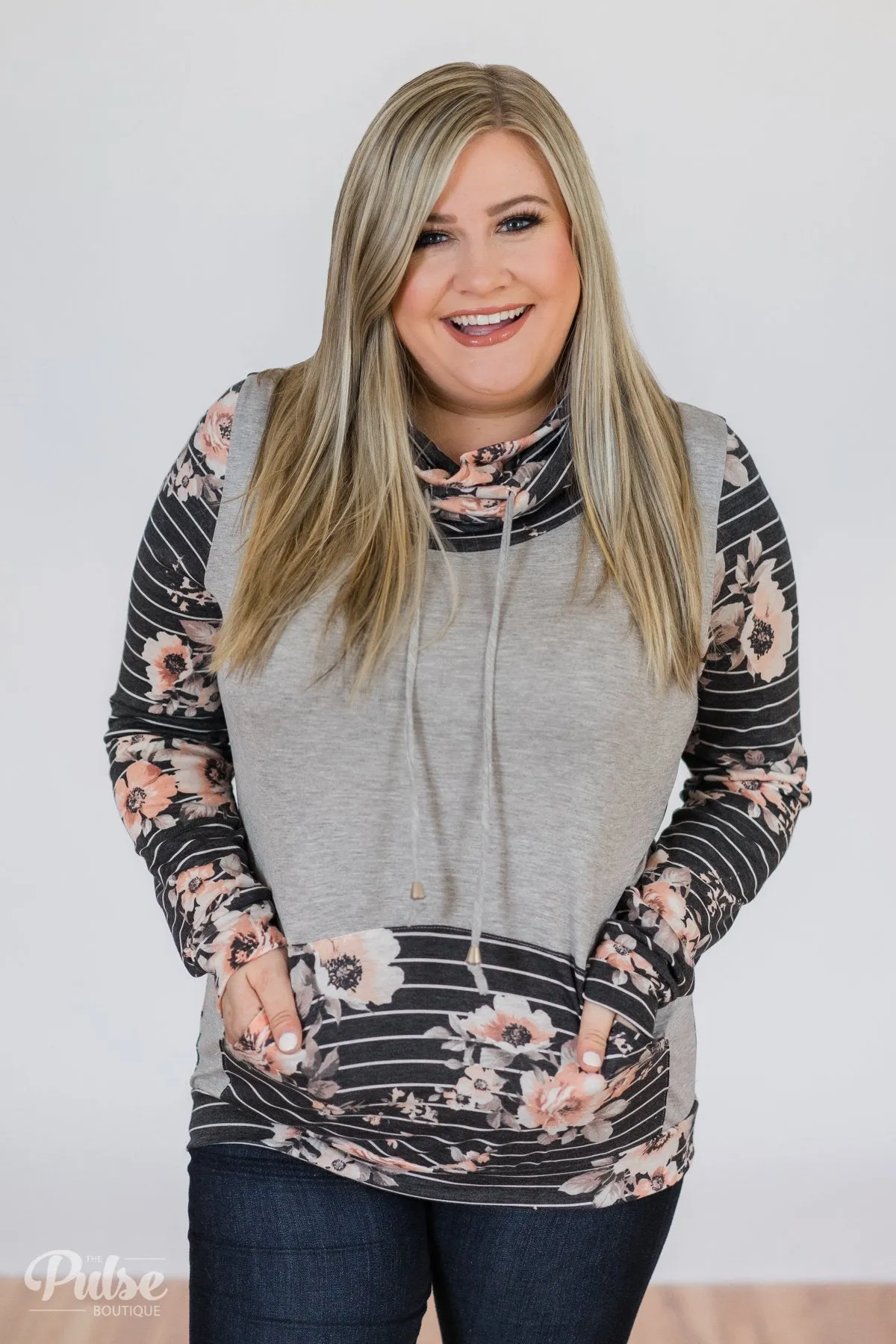 Floral & Stripes Cowl Neck- Grey