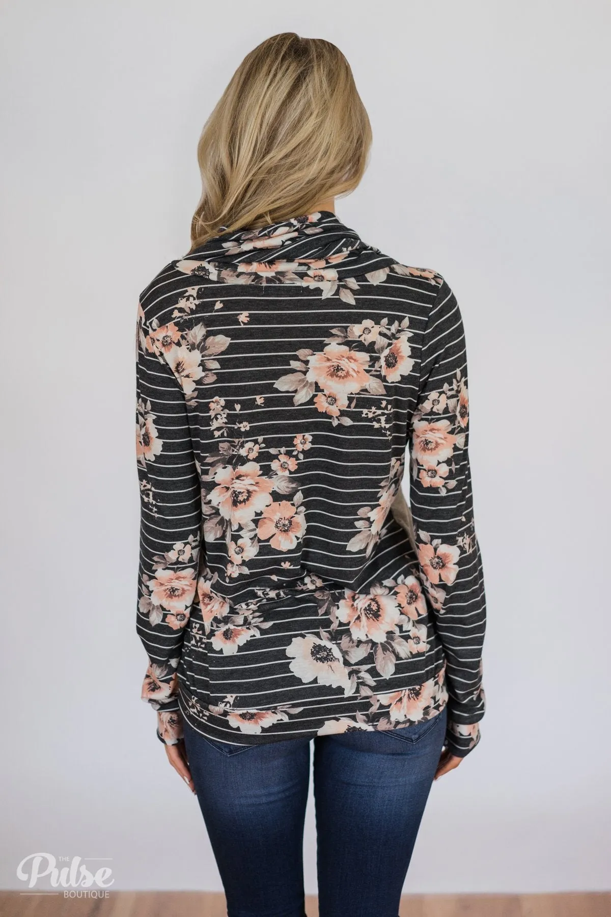 Floral & Stripes Cowl Neck- Grey
