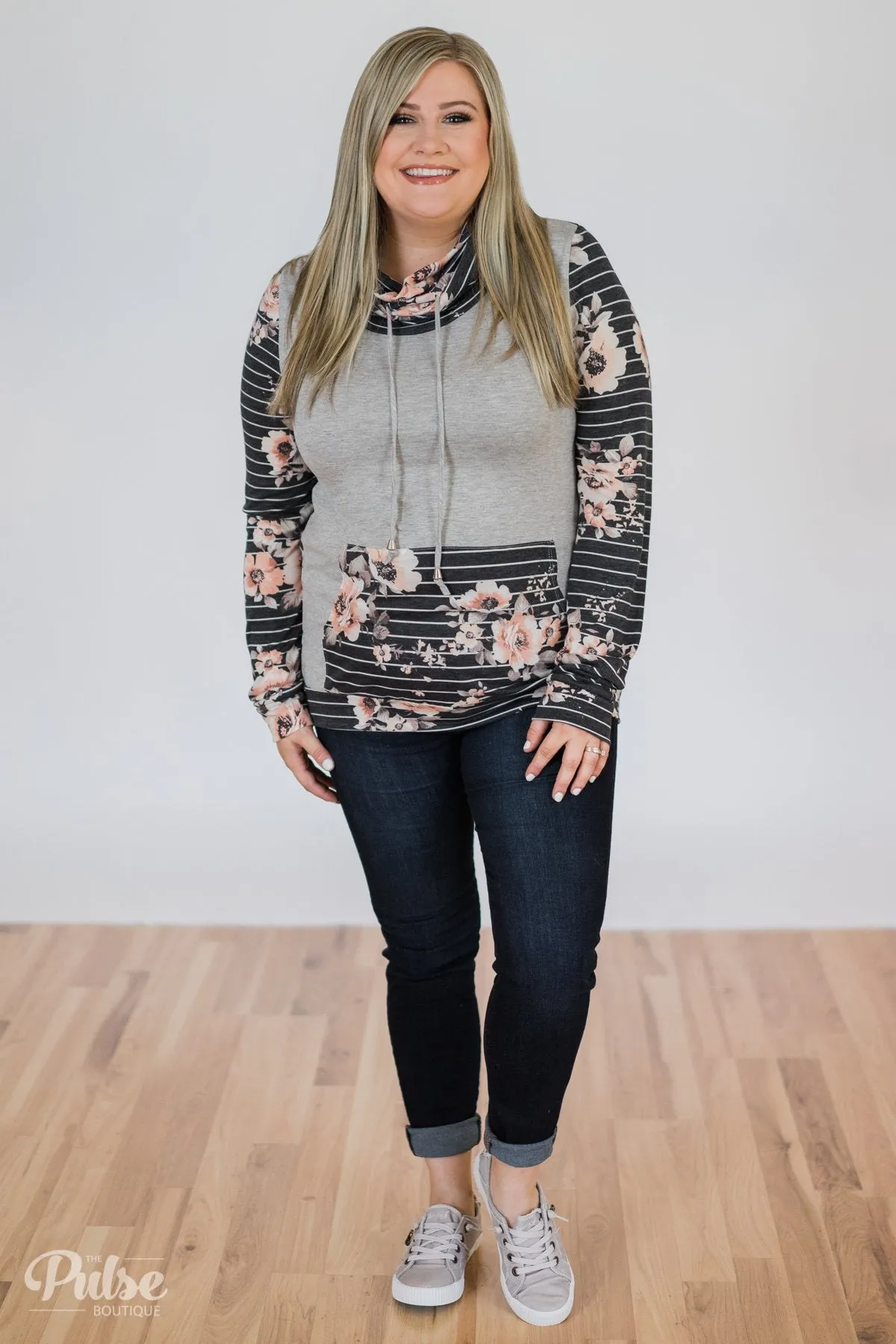 Floral & Stripes Cowl Neck- Grey