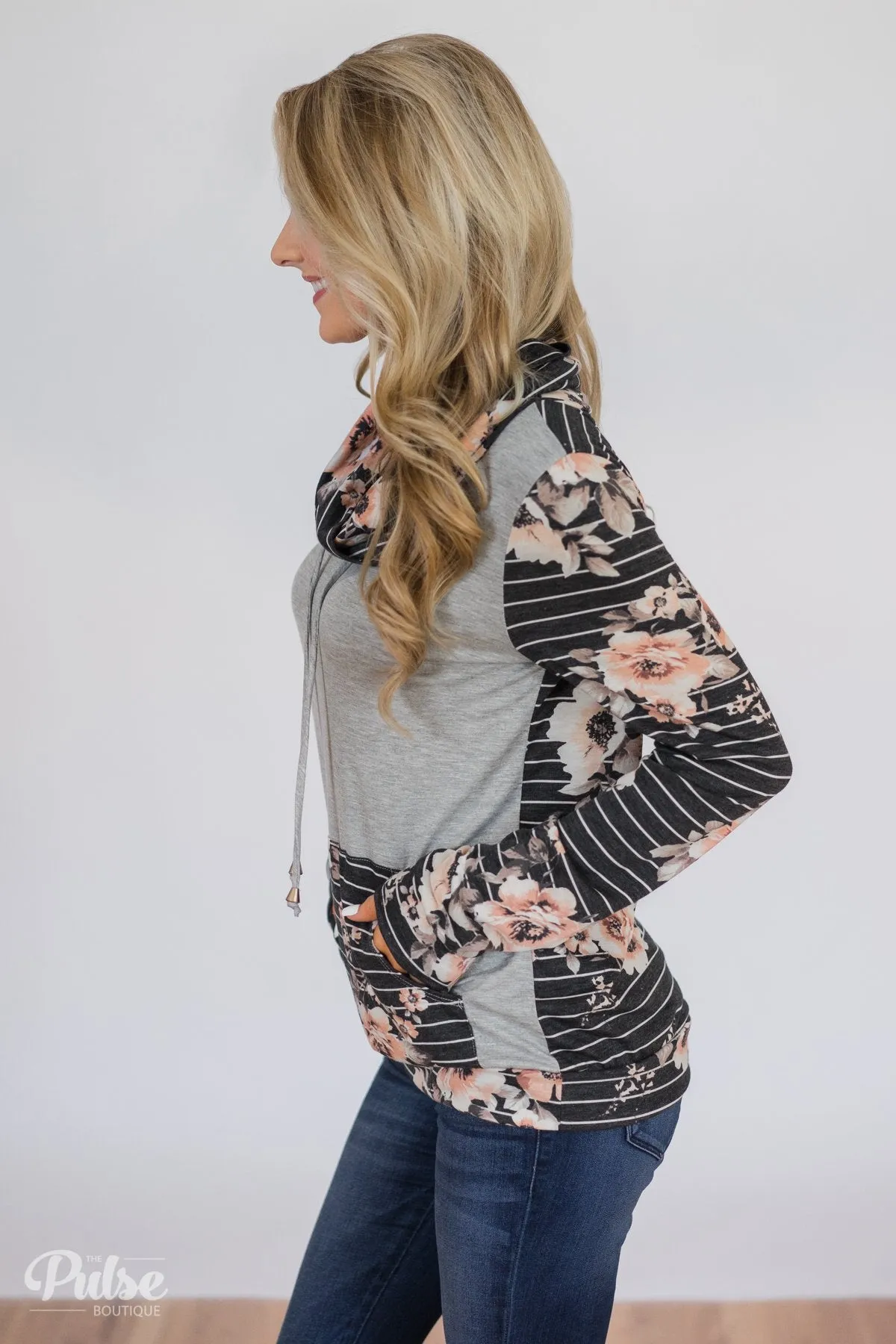 Floral & Stripes Cowl Neck- Grey