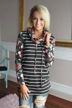 Floral and Stripes Cowl Neck Top