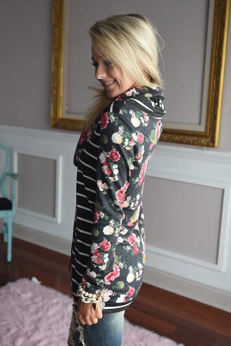 Floral and Stripes Cowl Neck Top