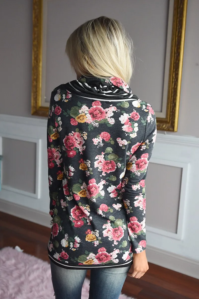 Floral and Stripes Cowl Neck Top