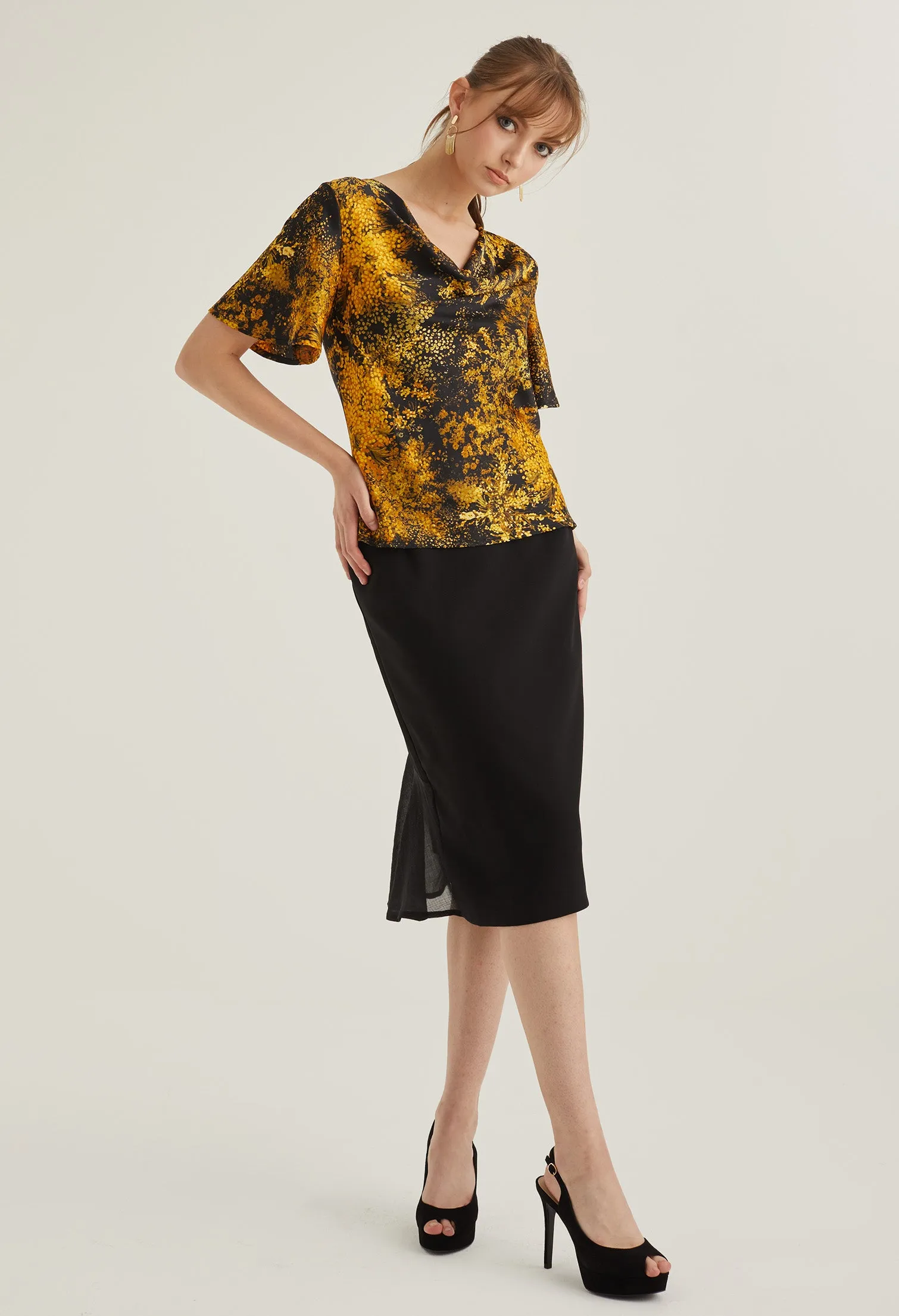 Floral Burst Cowl Neck Blouse