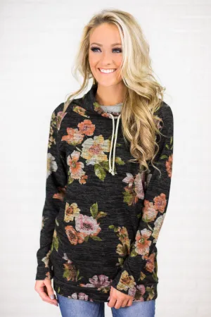 Floral Cowl Neck Tunic Top ~ Charcoal