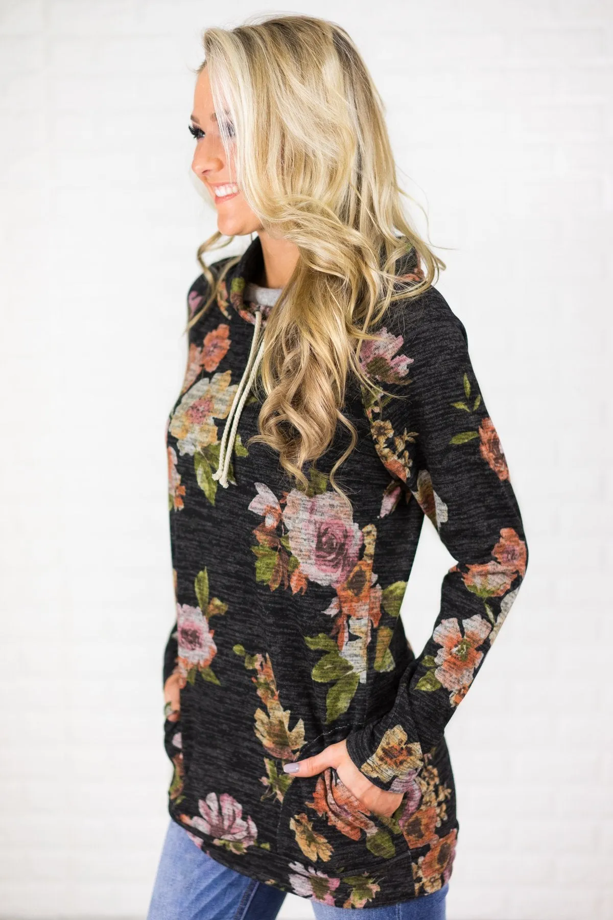 Floral Cowl Neck Tunic Top ~ Charcoal