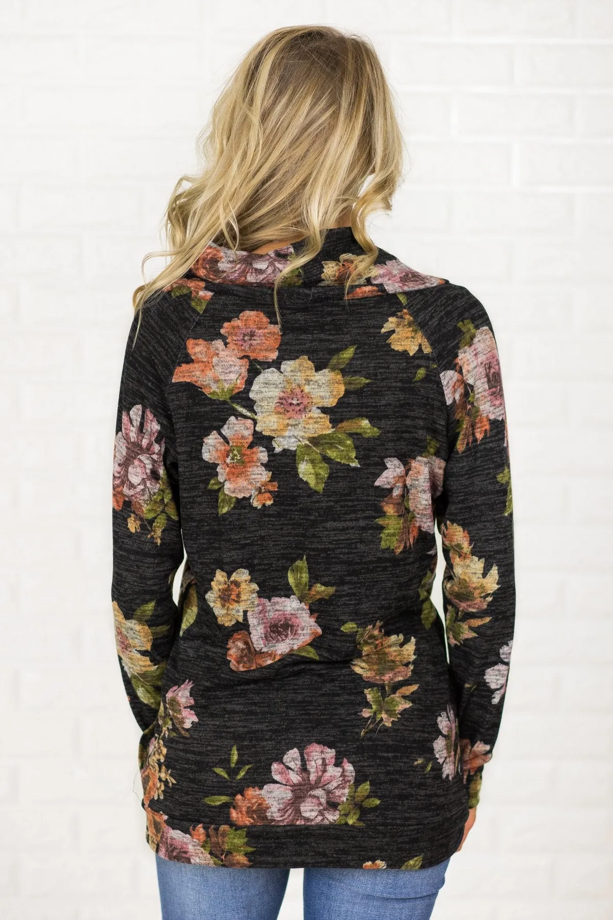 Floral Cowl Neck Tunic Top ~ Charcoal