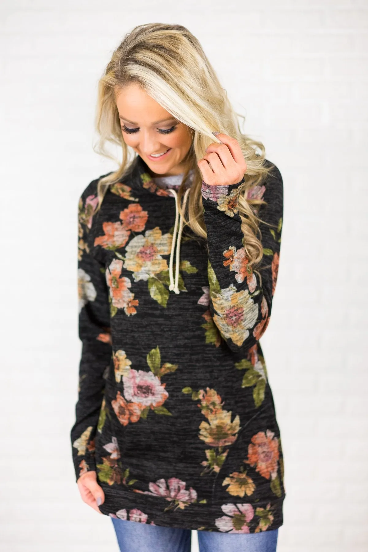 Floral Cowl Neck Tunic Top ~ Charcoal