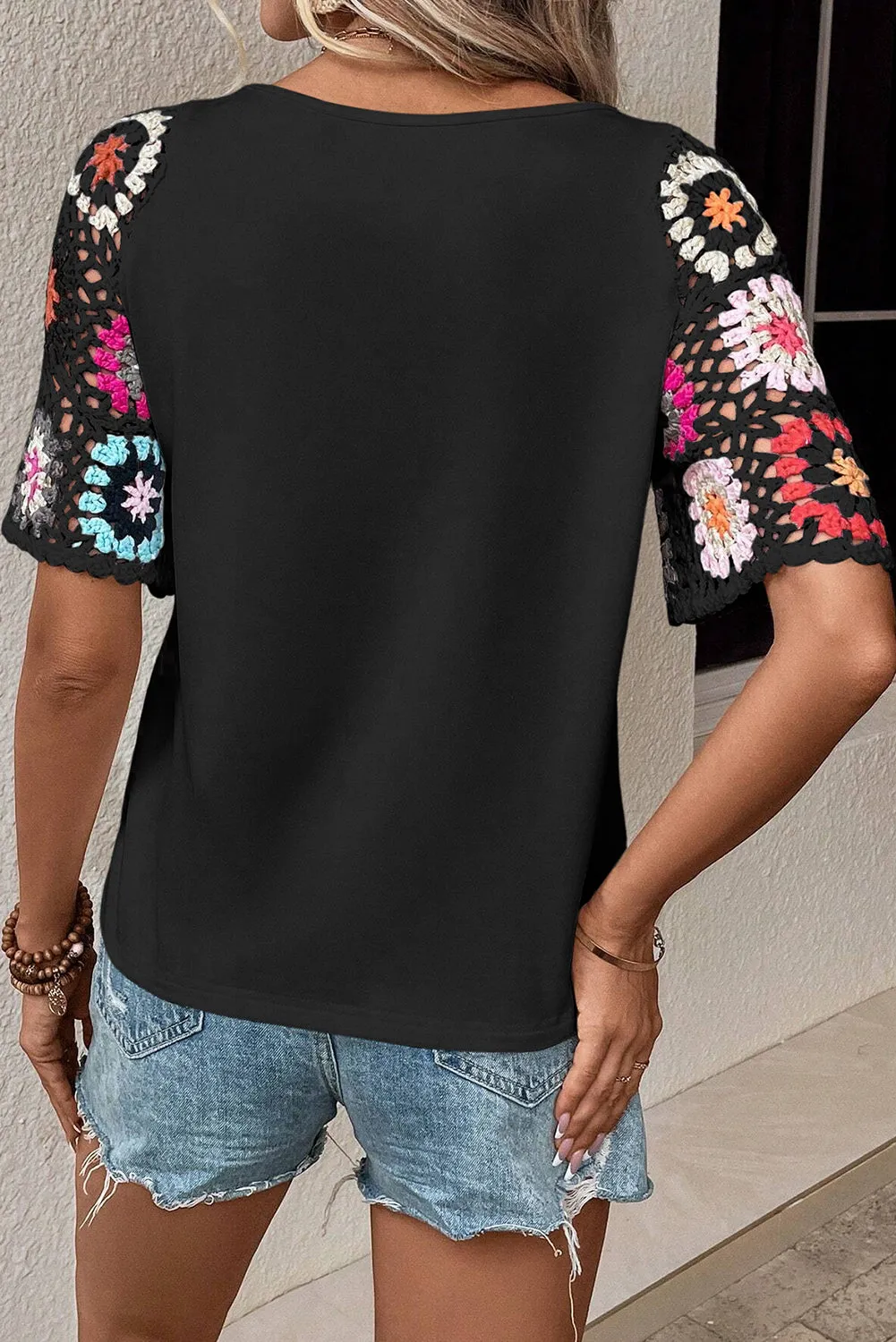 Floral  Crochet Sleeve Boho Blouse