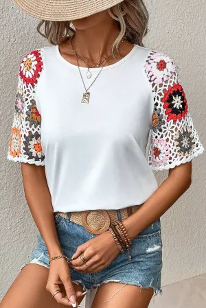 Floral  Crochet Sleeve Boho Blouse