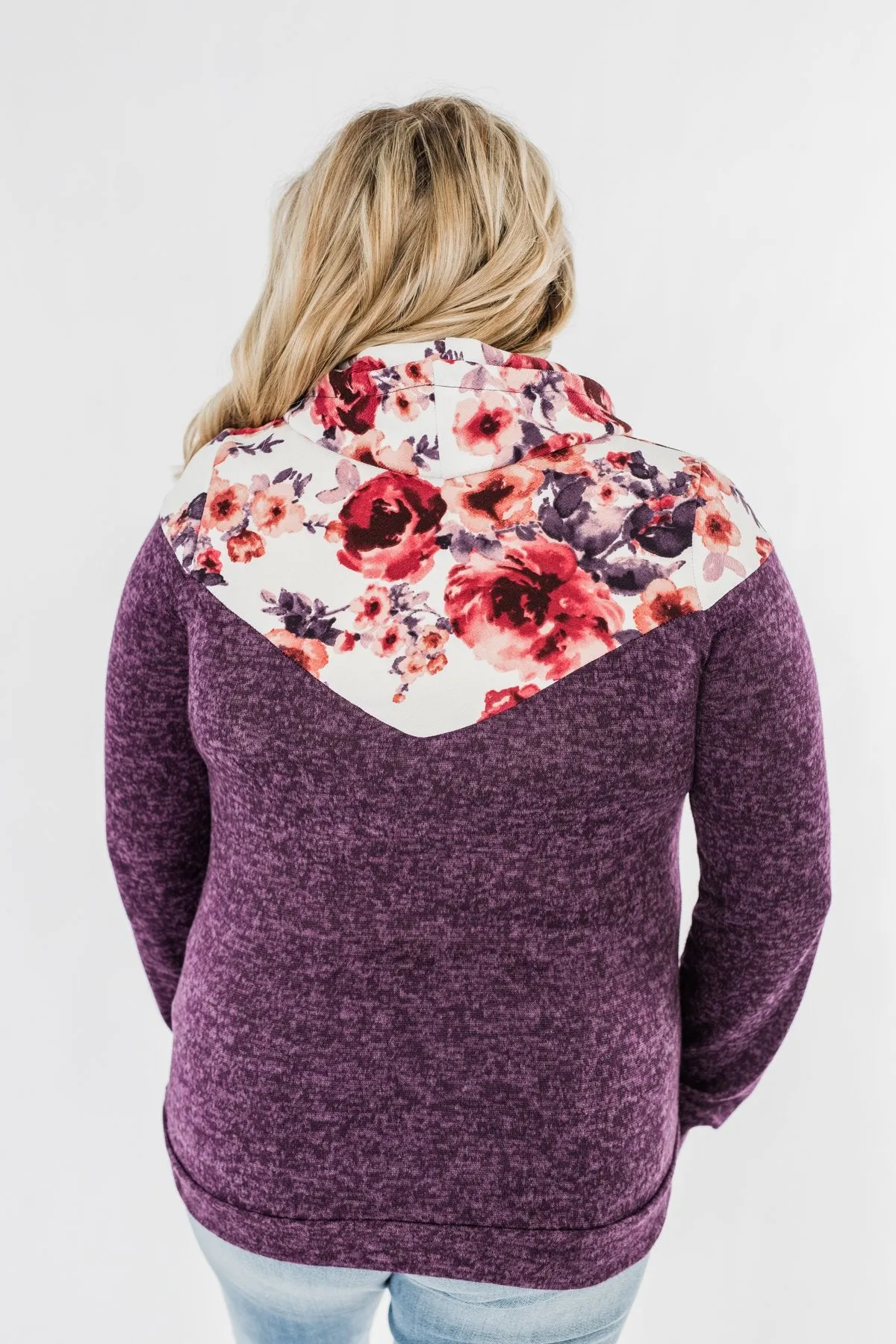 Floral Dreams Cowl Neck Hoodie- Eggplant