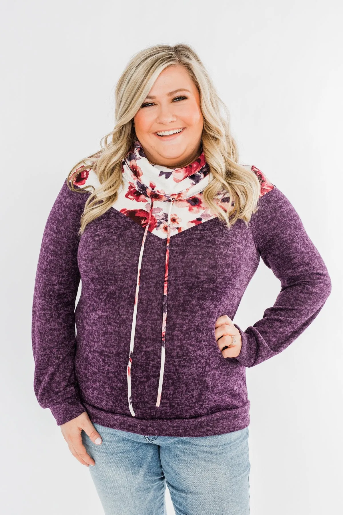 Floral Dreams Cowl Neck Hoodie- Eggplant
