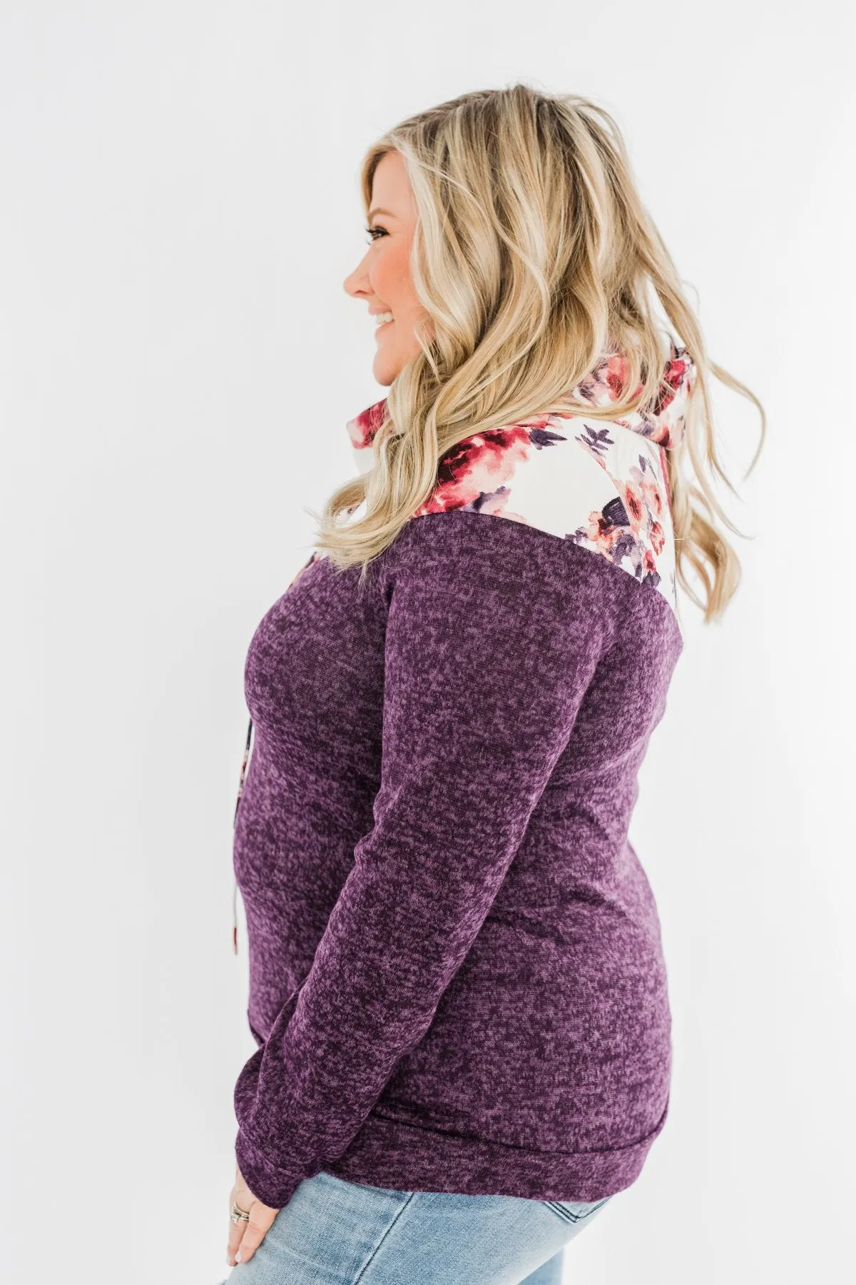 Floral Dreams Cowl Neck Hoodie- Eggplant