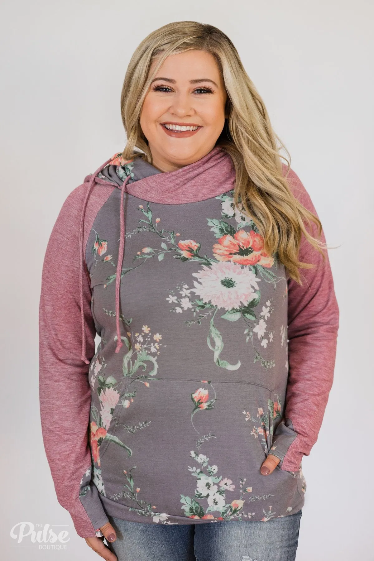 Floral Escape Cowl Neck Hoodie- Stone