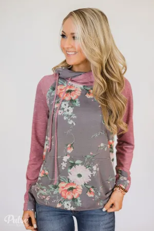 Floral Escape Cowl Neck Hoodie- Stone