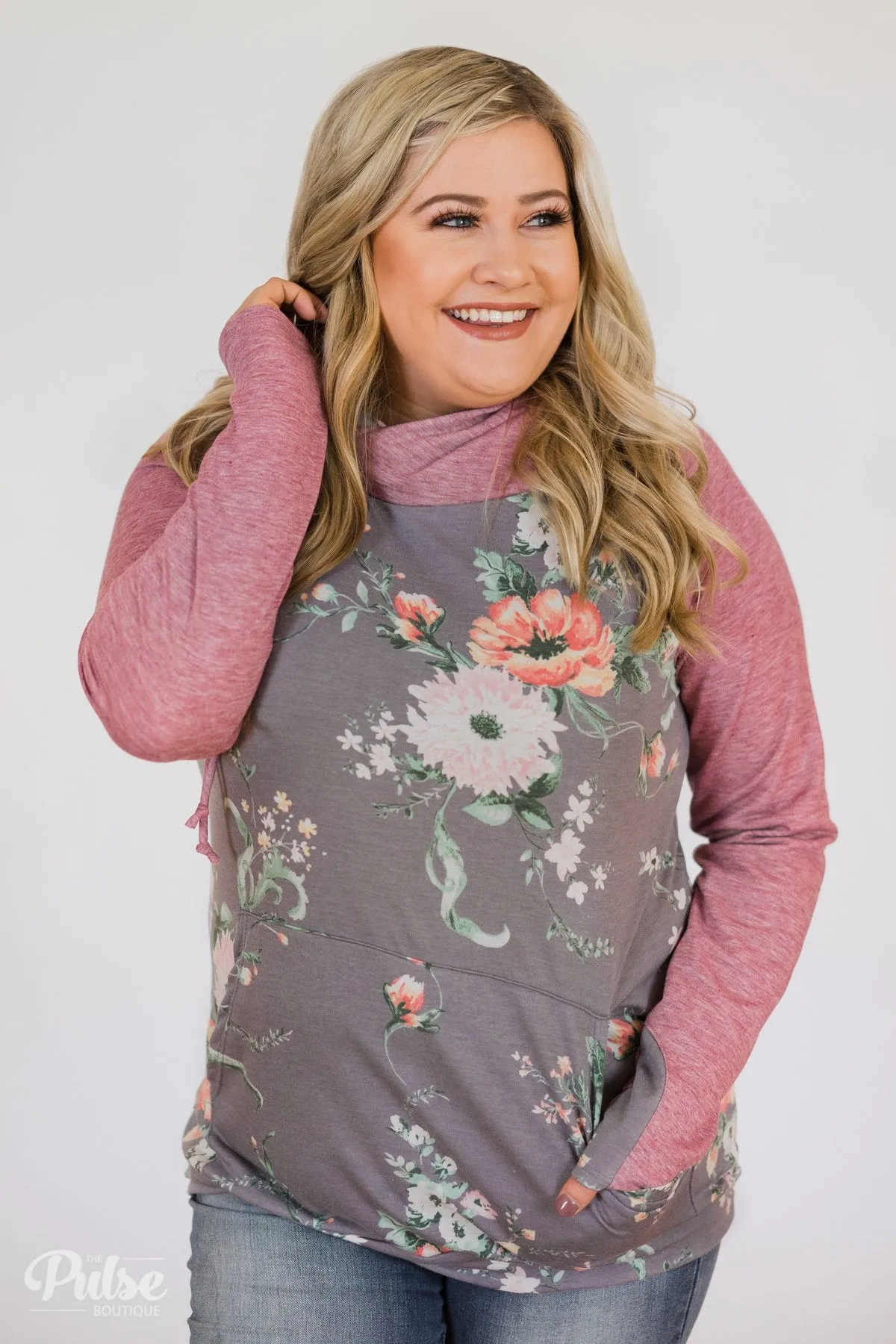 Floral Escape Cowl Neck Hoodie- Stone