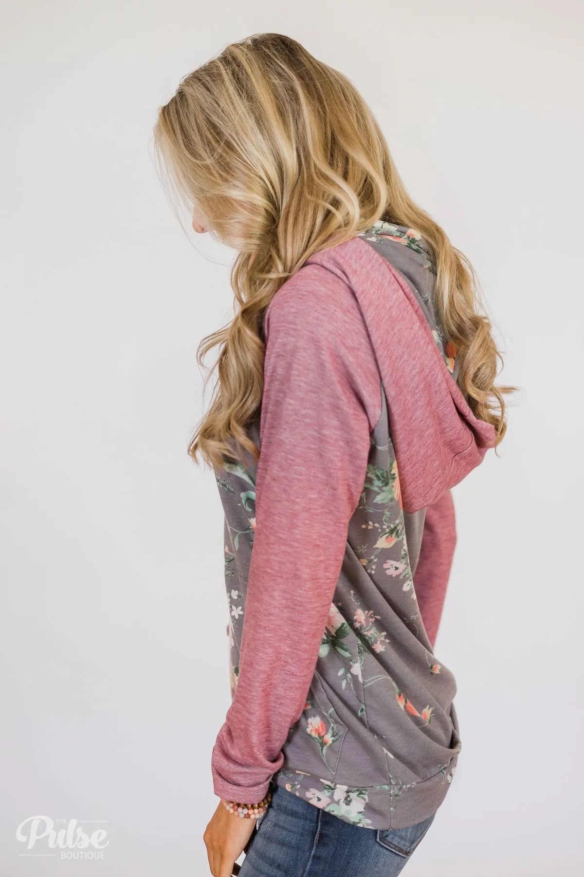 Floral Escape Cowl Neck Hoodie- Stone