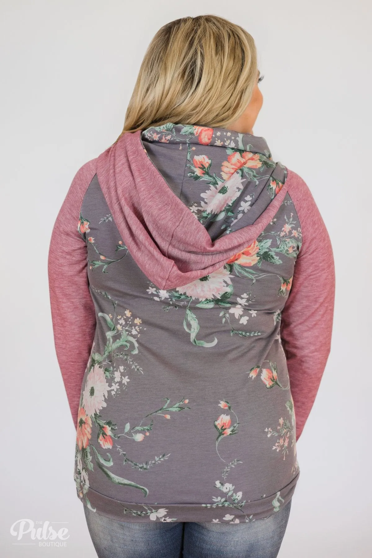 Floral Escape Cowl Neck Hoodie- Stone