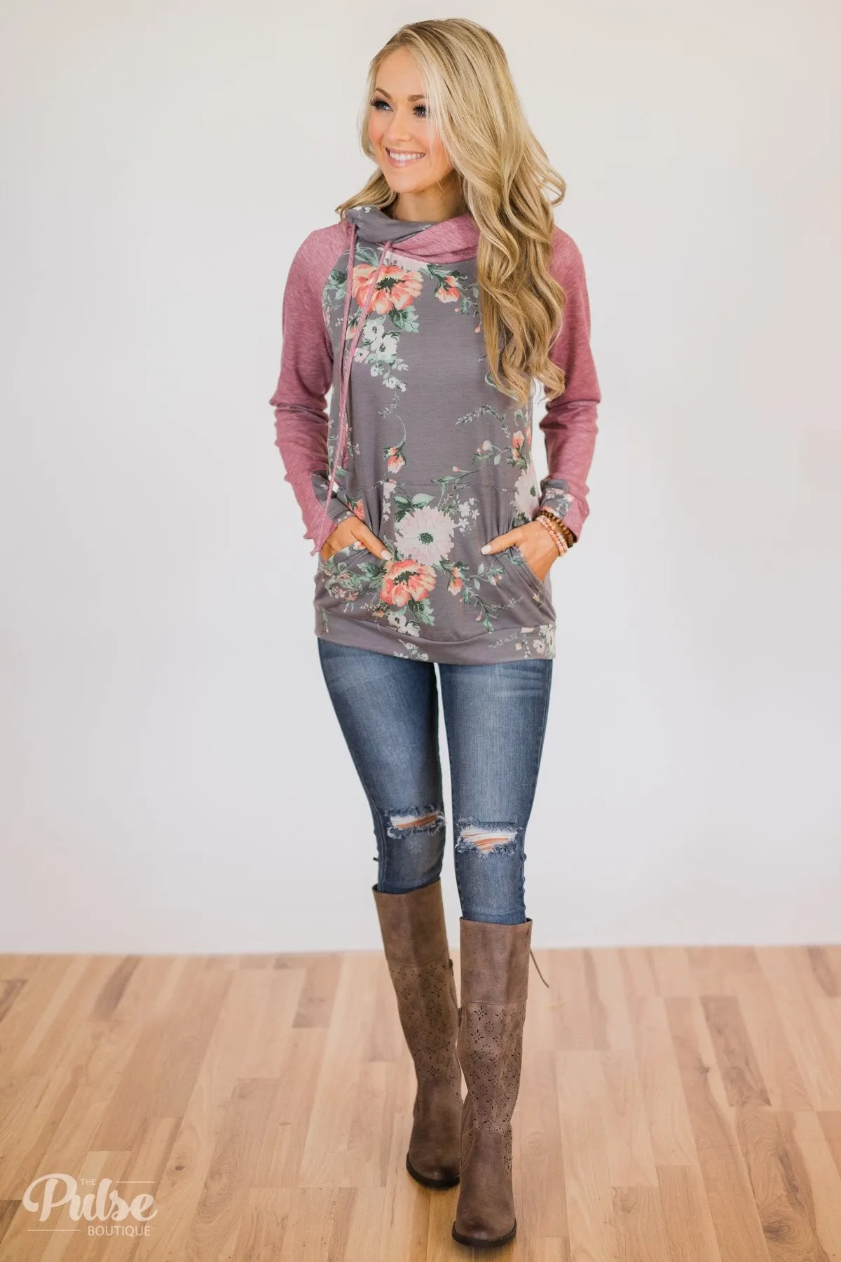Floral Escape Cowl Neck Hoodie- Stone