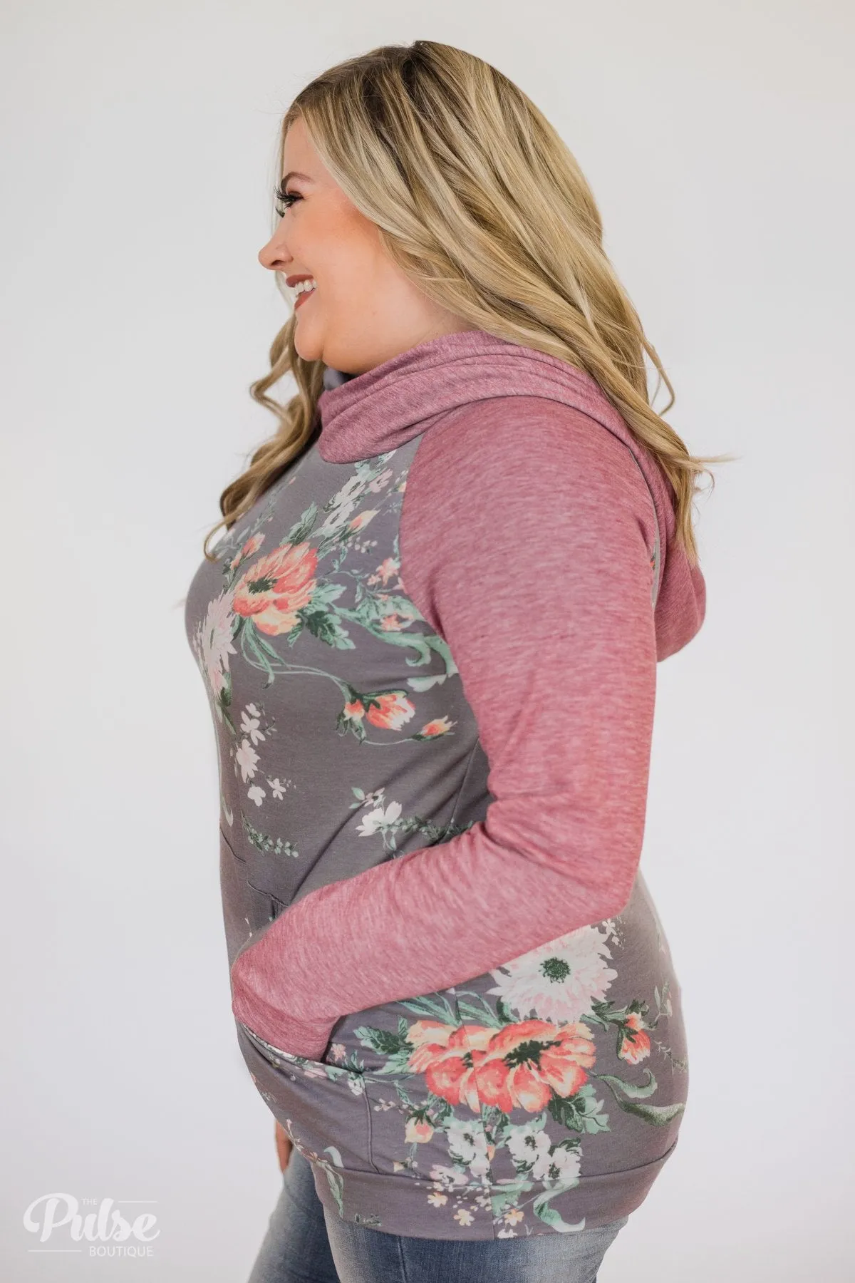 Floral Escape Cowl Neck Hoodie- Stone