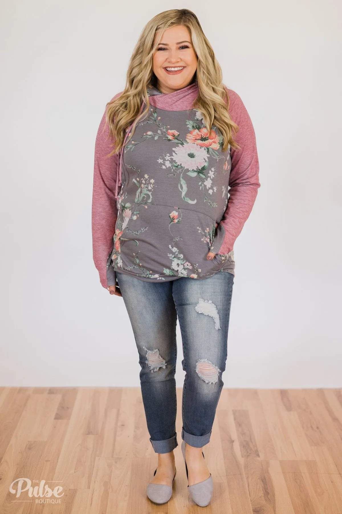Floral Escape Cowl Neck Hoodie- Stone