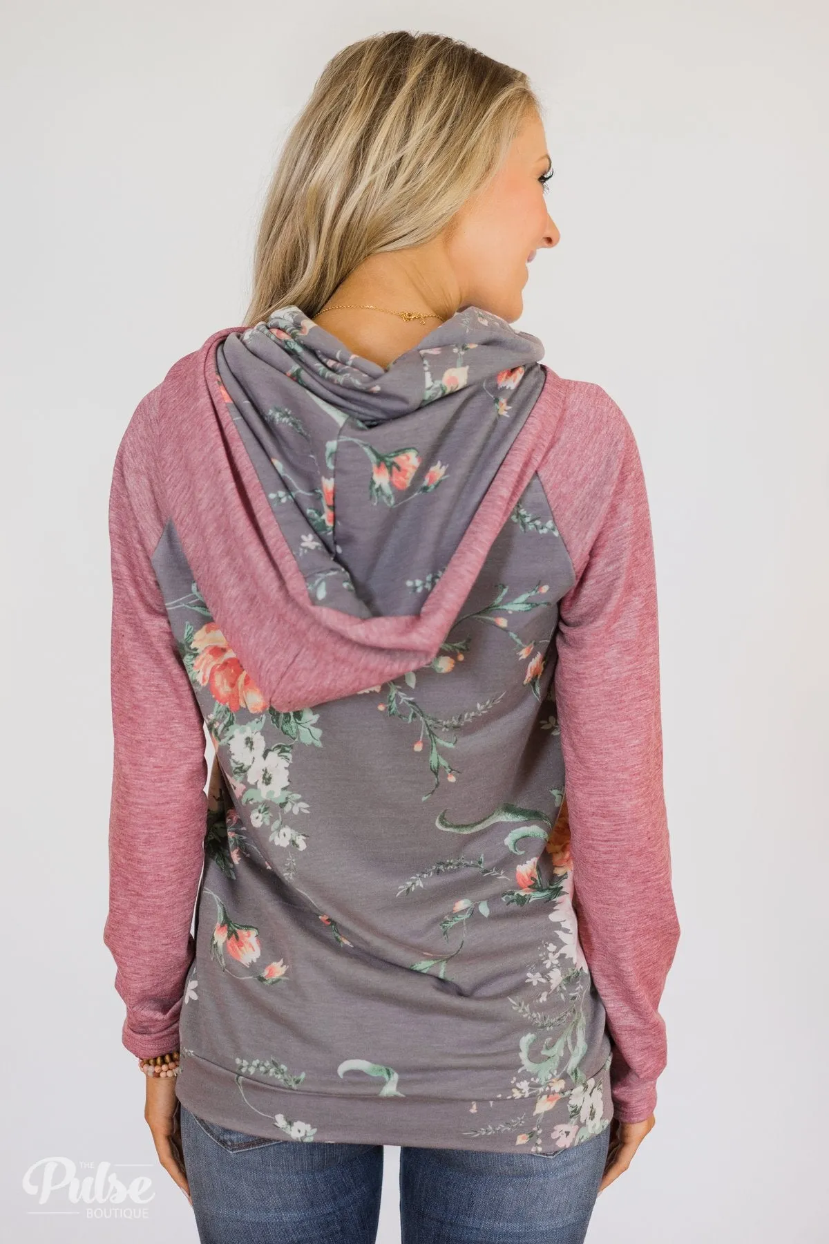 Floral Escape Cowl Neck Hoodie- Stone