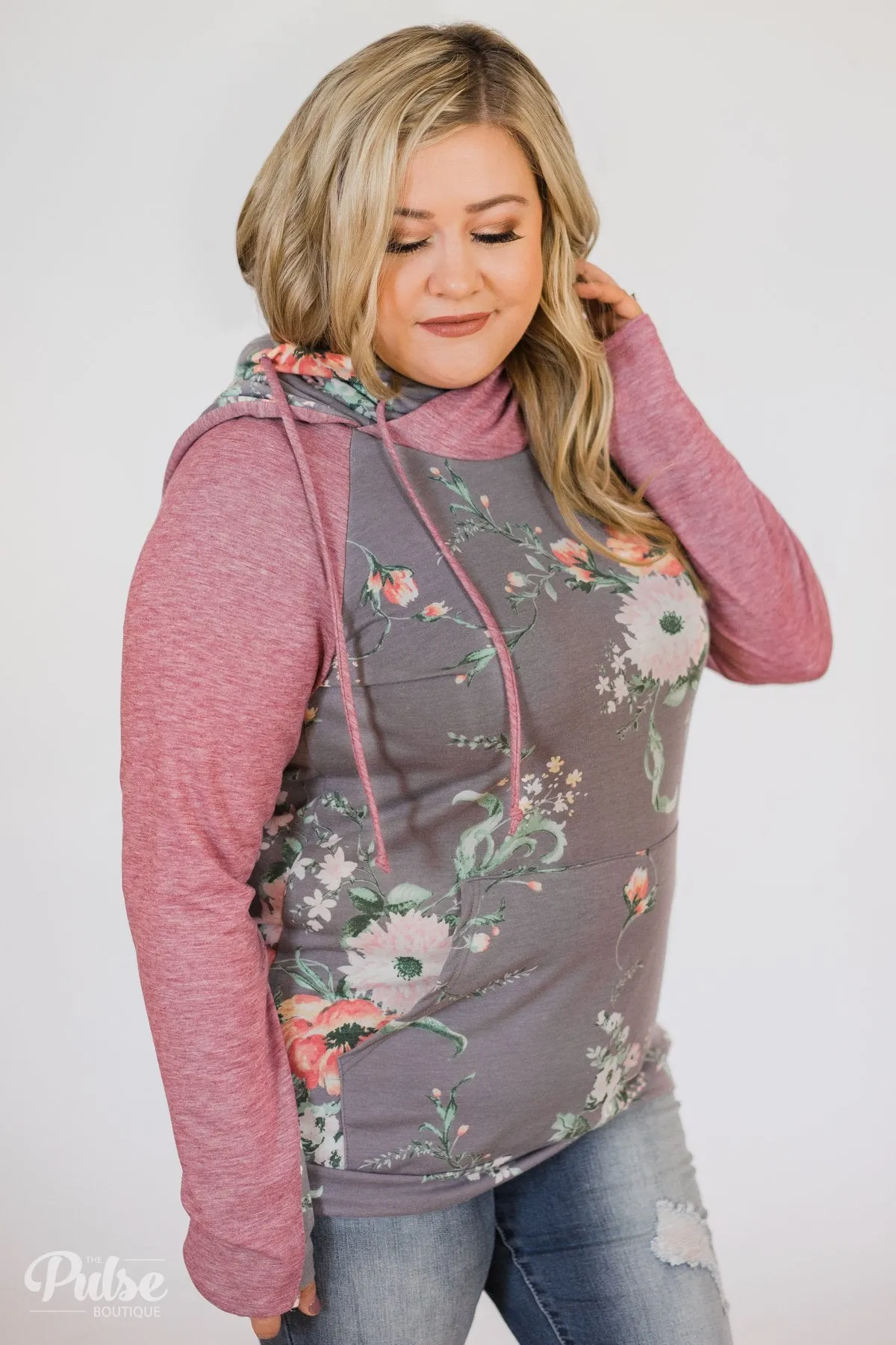 Floral Escape Cowl Neck Hoodie- Stone