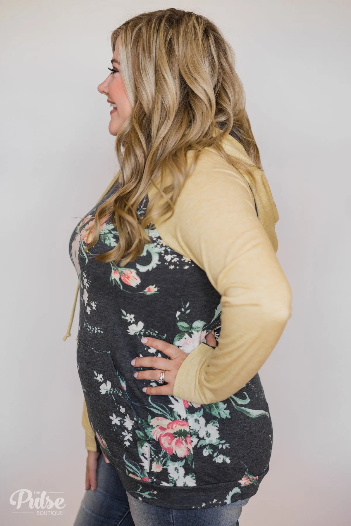 Floral Escape Cowl Neck Hoodie- Yellow