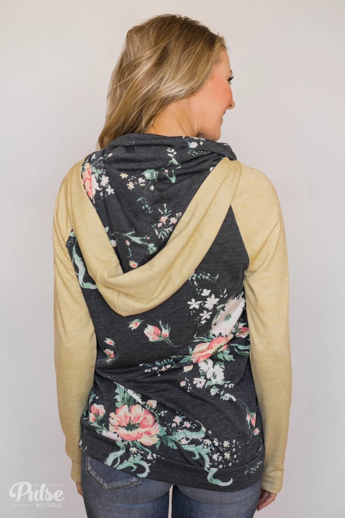 Floral Escape Cowl Neck Hoodie- Yellow