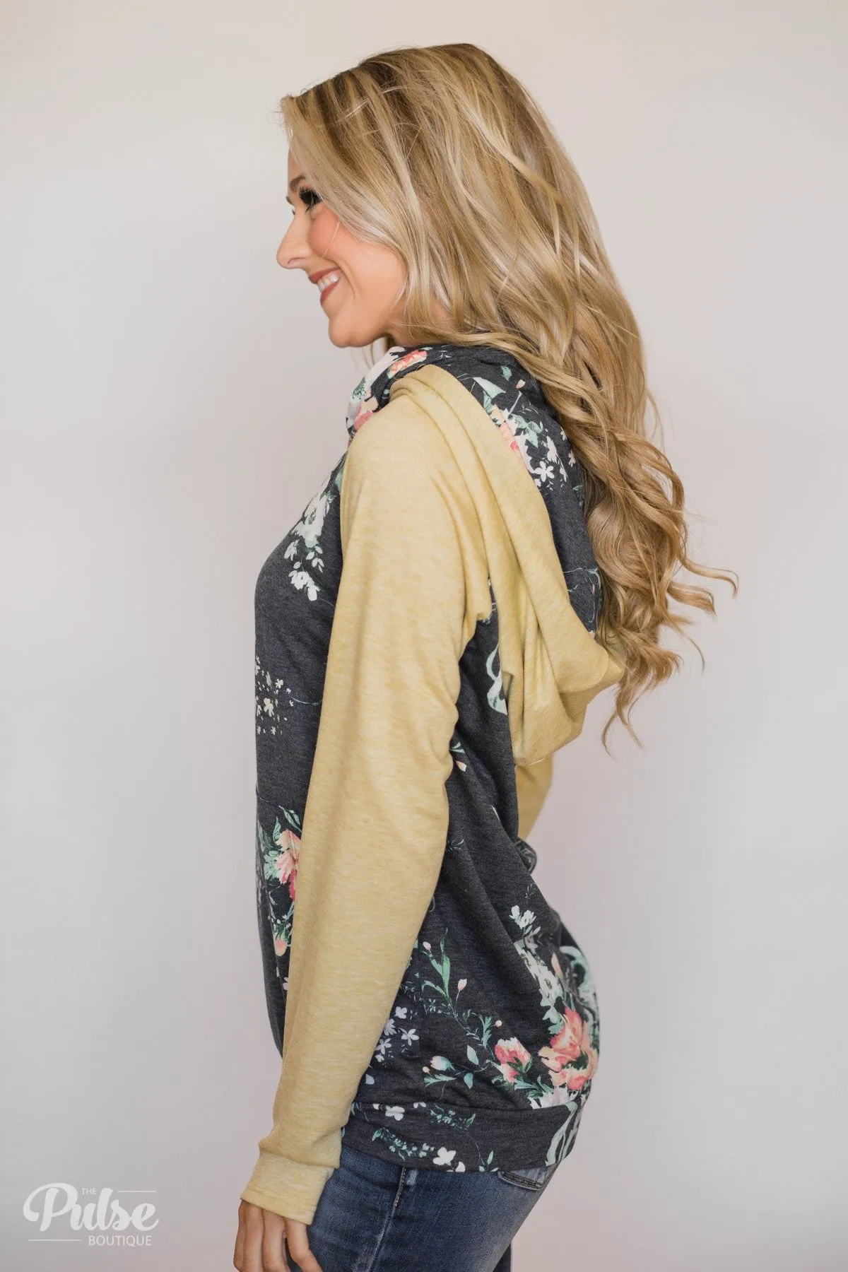 Floral Escape Cowl Neck Hoodie- Yellow