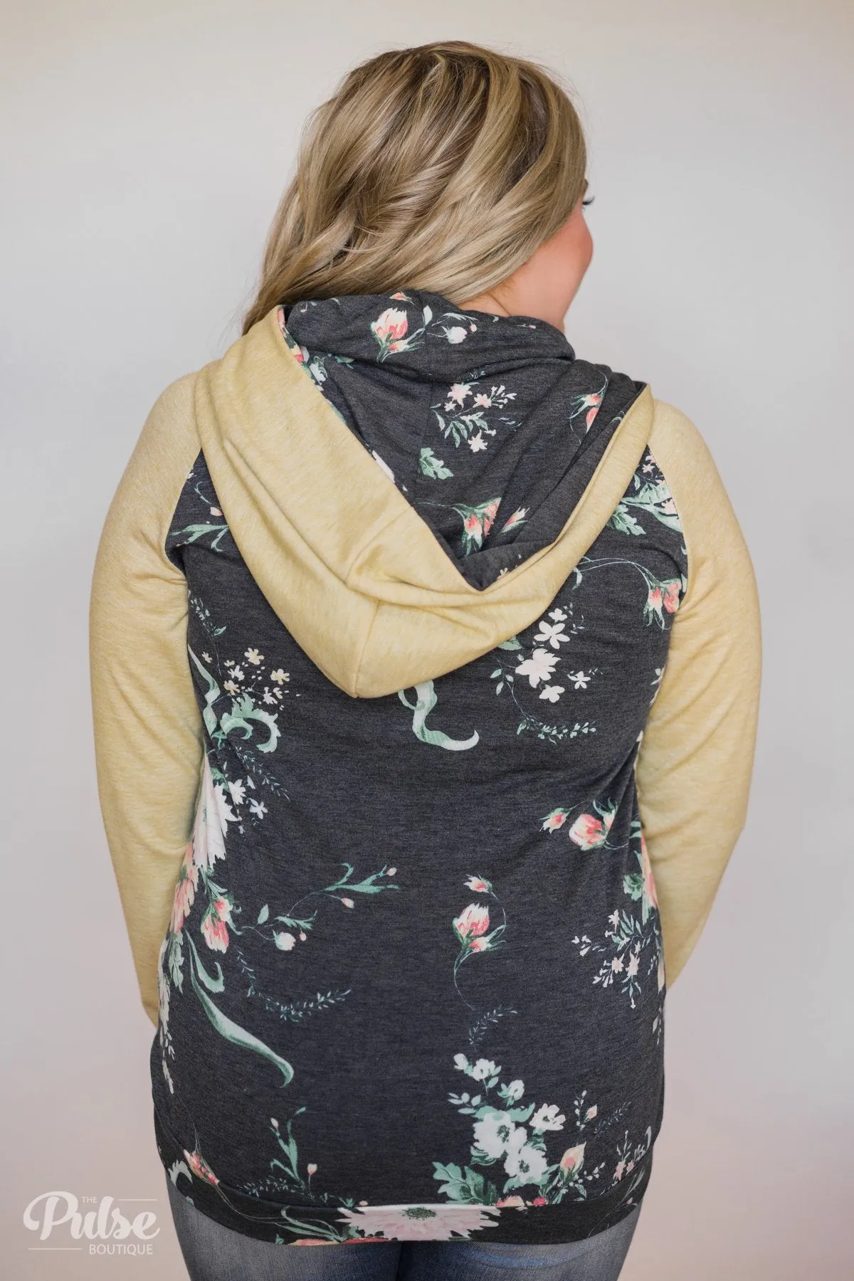 Floral Escape Cowl Neck Hoodie- Yellow