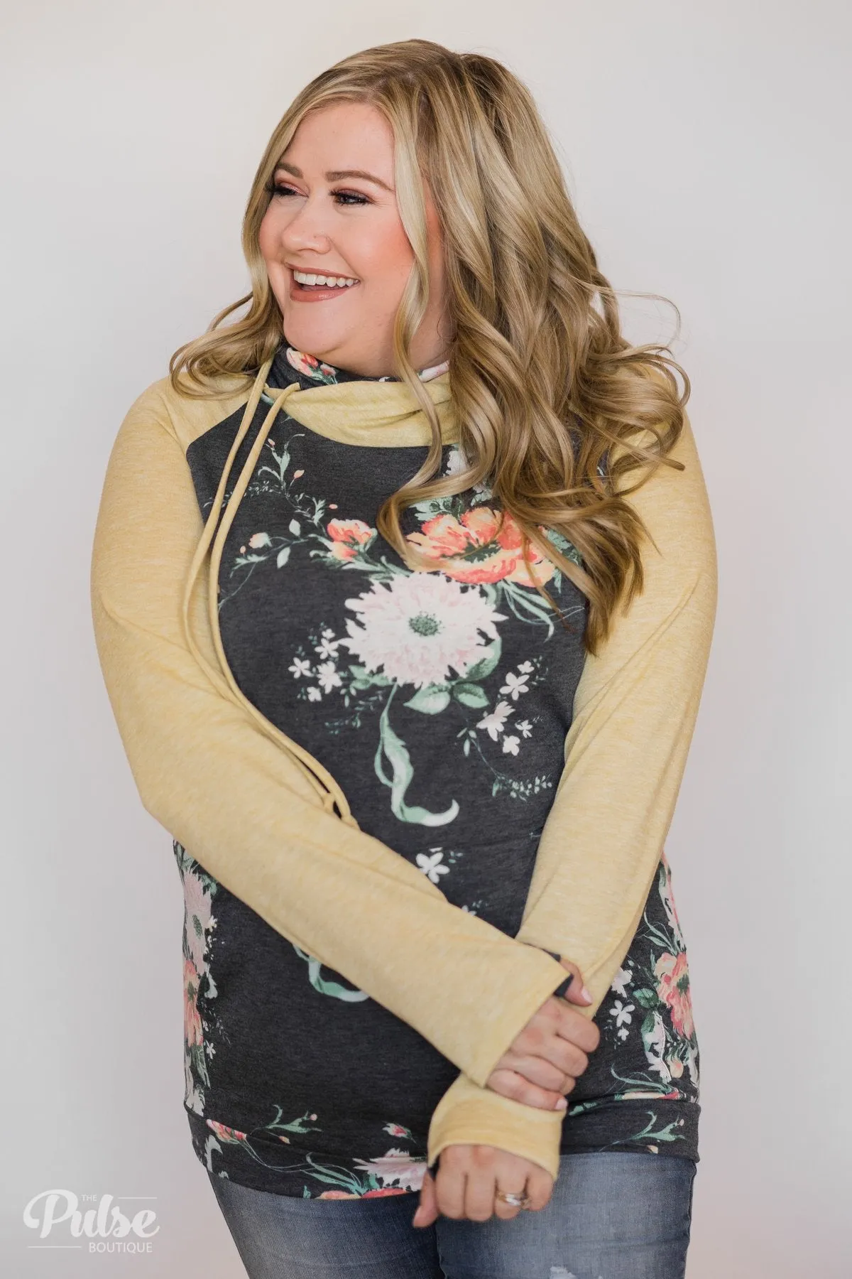 Floral Escape Cowl Neck Hoodie- Yellow