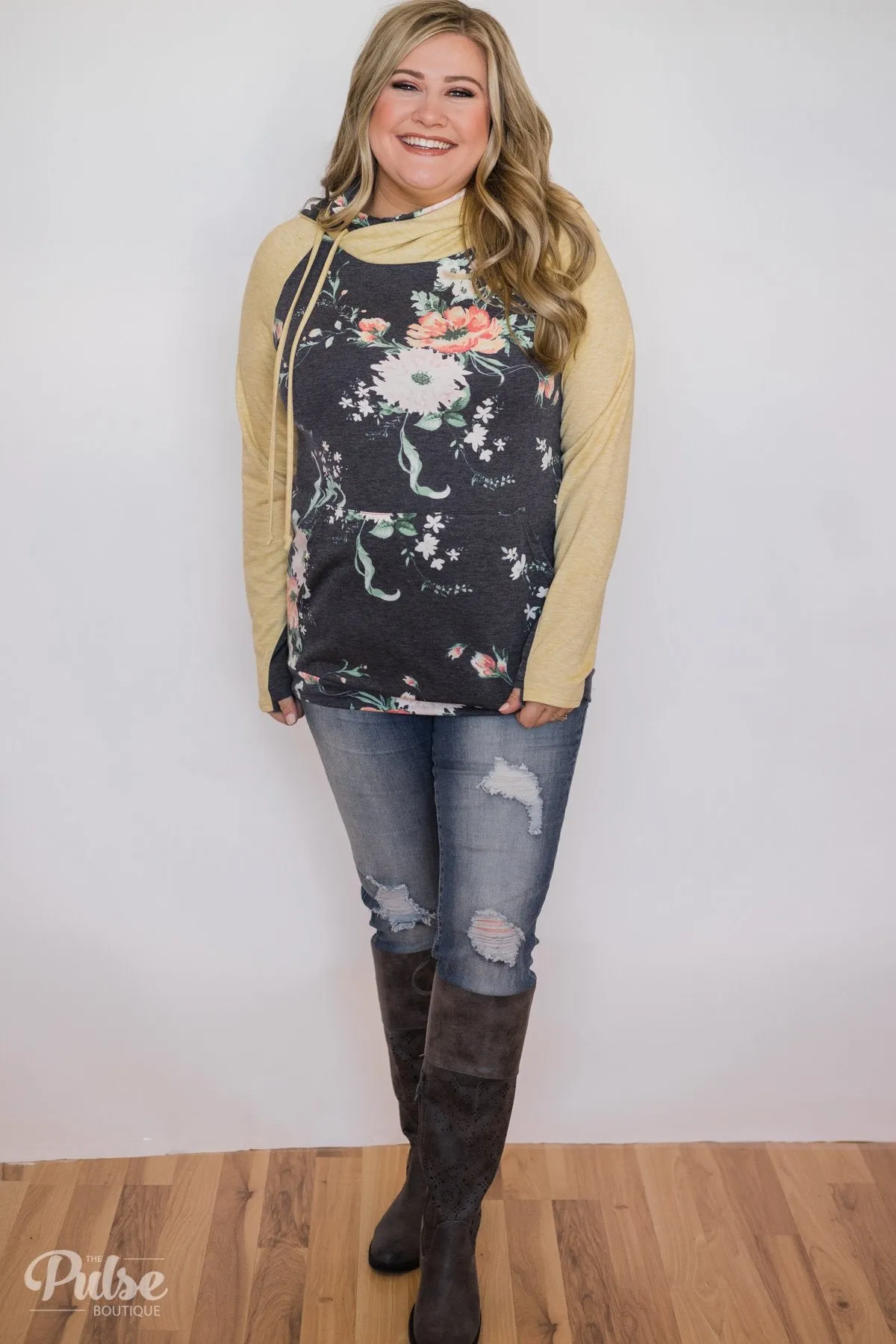 Floral Escape Cowl Neck Hoodie- Yellow
