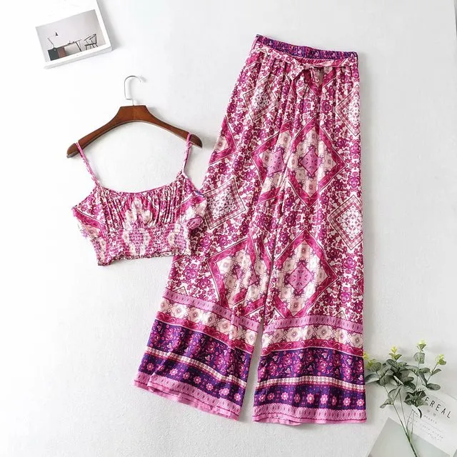 Floral Print 2 Piece Boho Beach Maxi Pant Sets