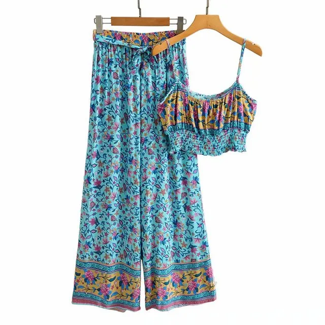 Floral Print 2 Piece Boho Beach Maxi Pant Sets