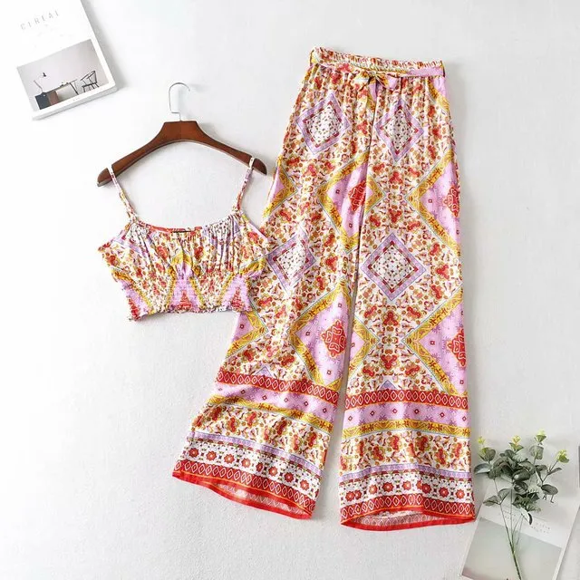Floral Print 2 Piece Boho Beach Maxi Pant Sets