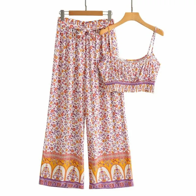 Floral Print 2 Piece Boho Beach Maxi Pant Sets