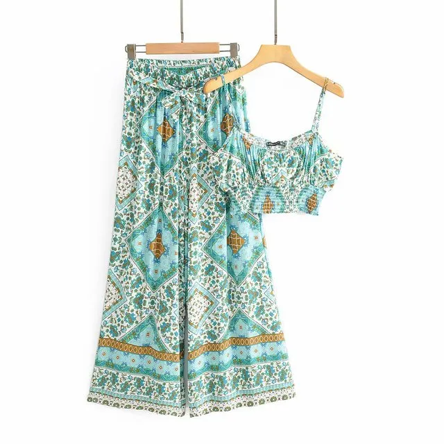 Floral Print 2 Piece Boho Beach Maxi Pant Sets