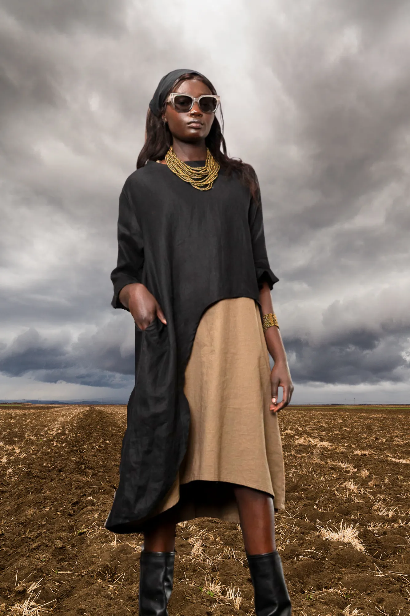 'Florence' Long Sleeve Linen Top - Black