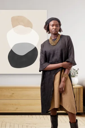 'Florence' Long Sleeve Linen Top - Black