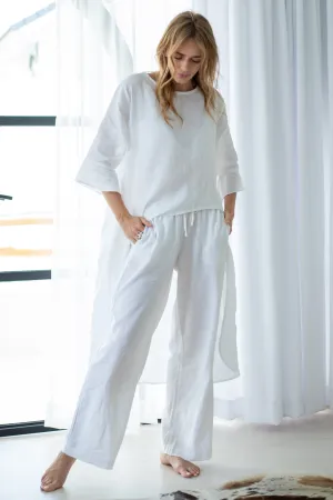 'Florence' Long Sleeve Linen Top - White