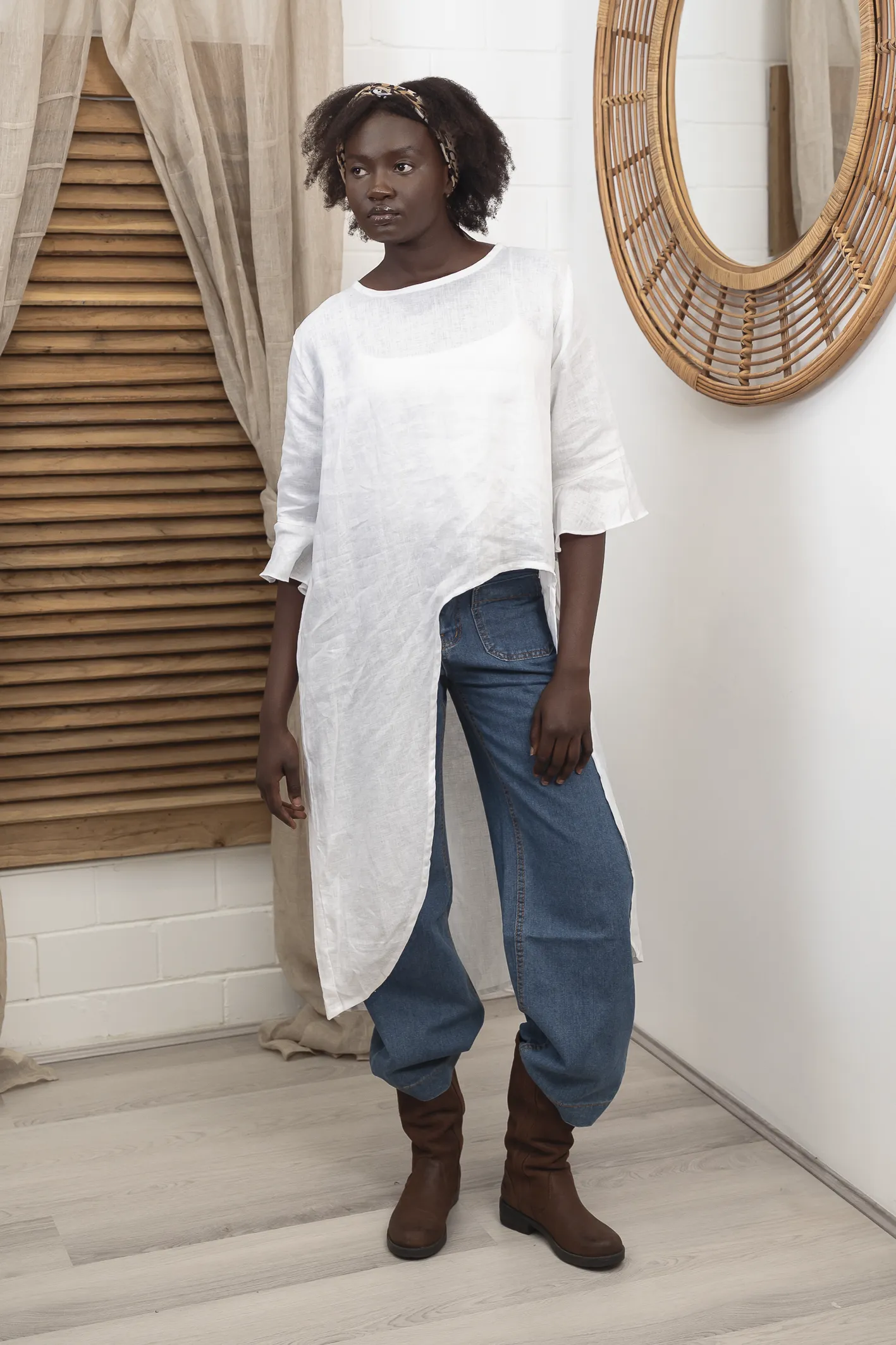 'Florence' Long Sleeve Linen Top - White
