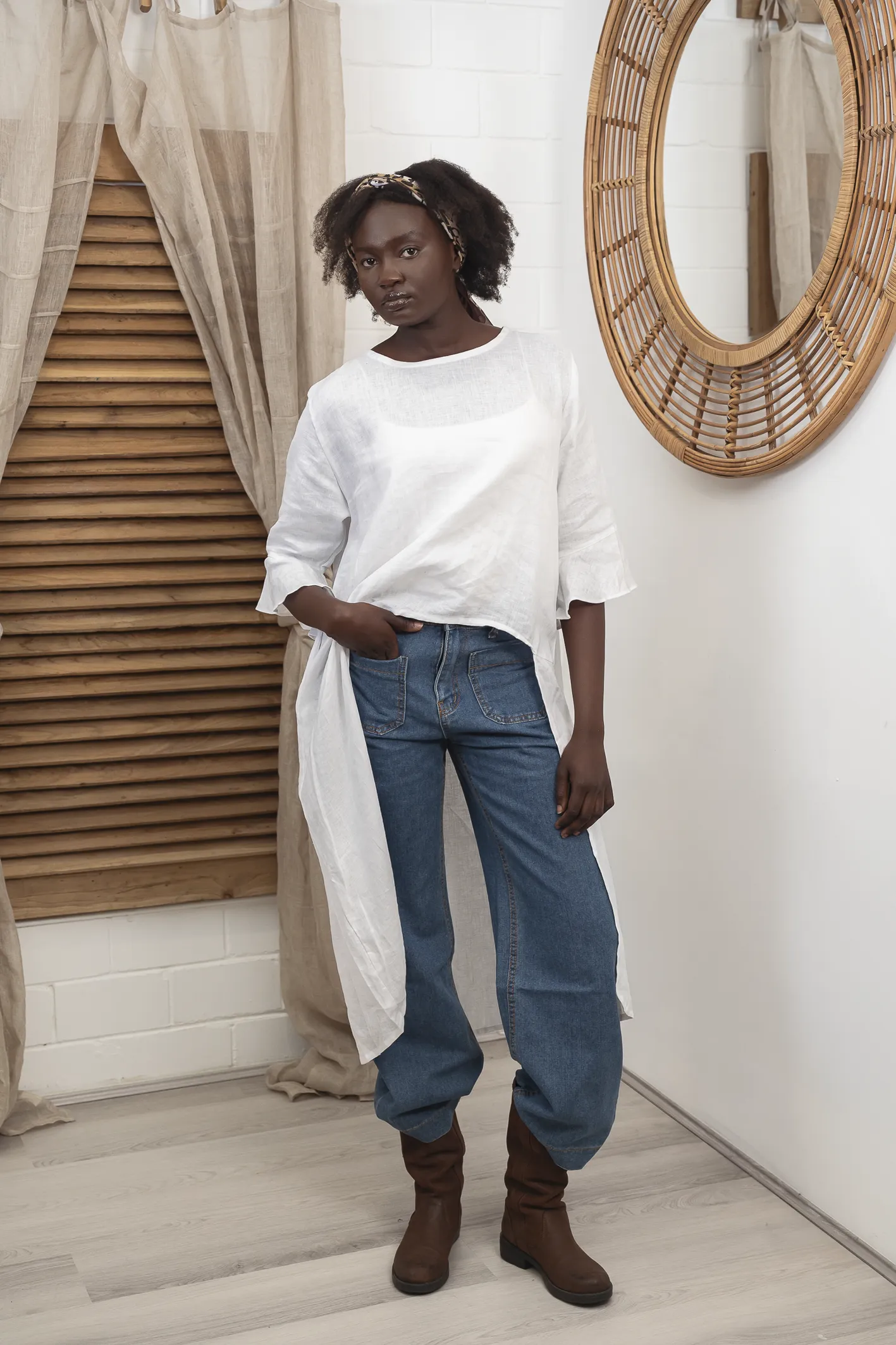 'Florence' Long Sleeve Linen Top - White