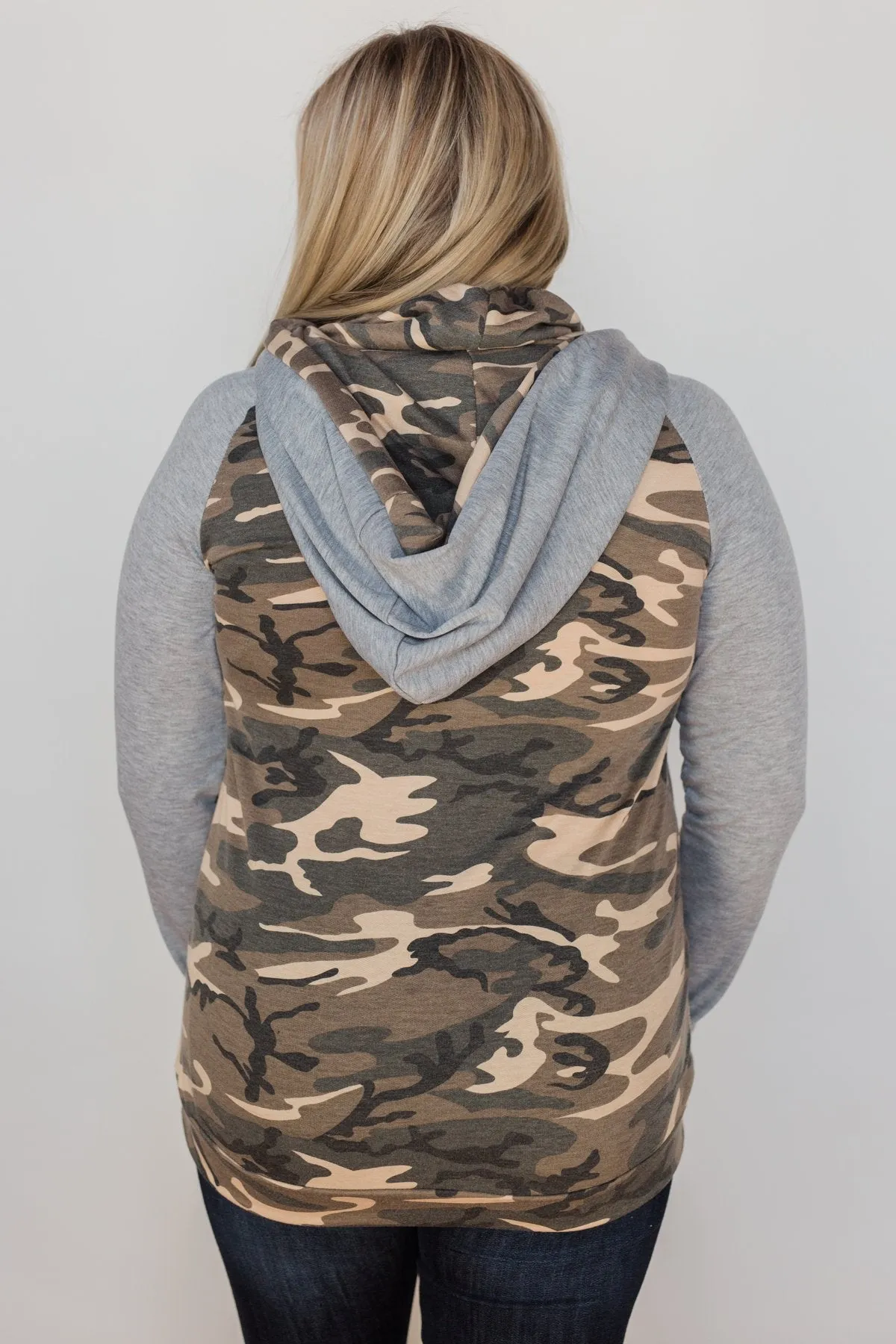 For the Love of Camo Cowl Neck Hoodie- Heather Grey