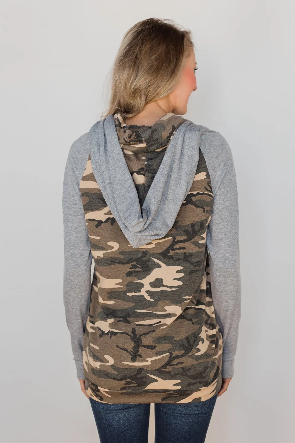 For the Love of Camo Cowl Neck Hoodie- Heather Grey