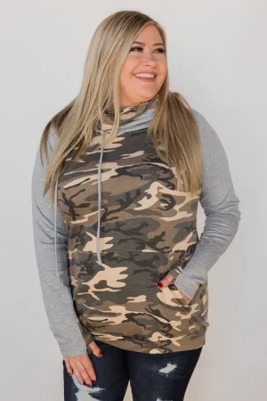 For the Love of Camo Cowl Neck Hoodie- Heather Grey