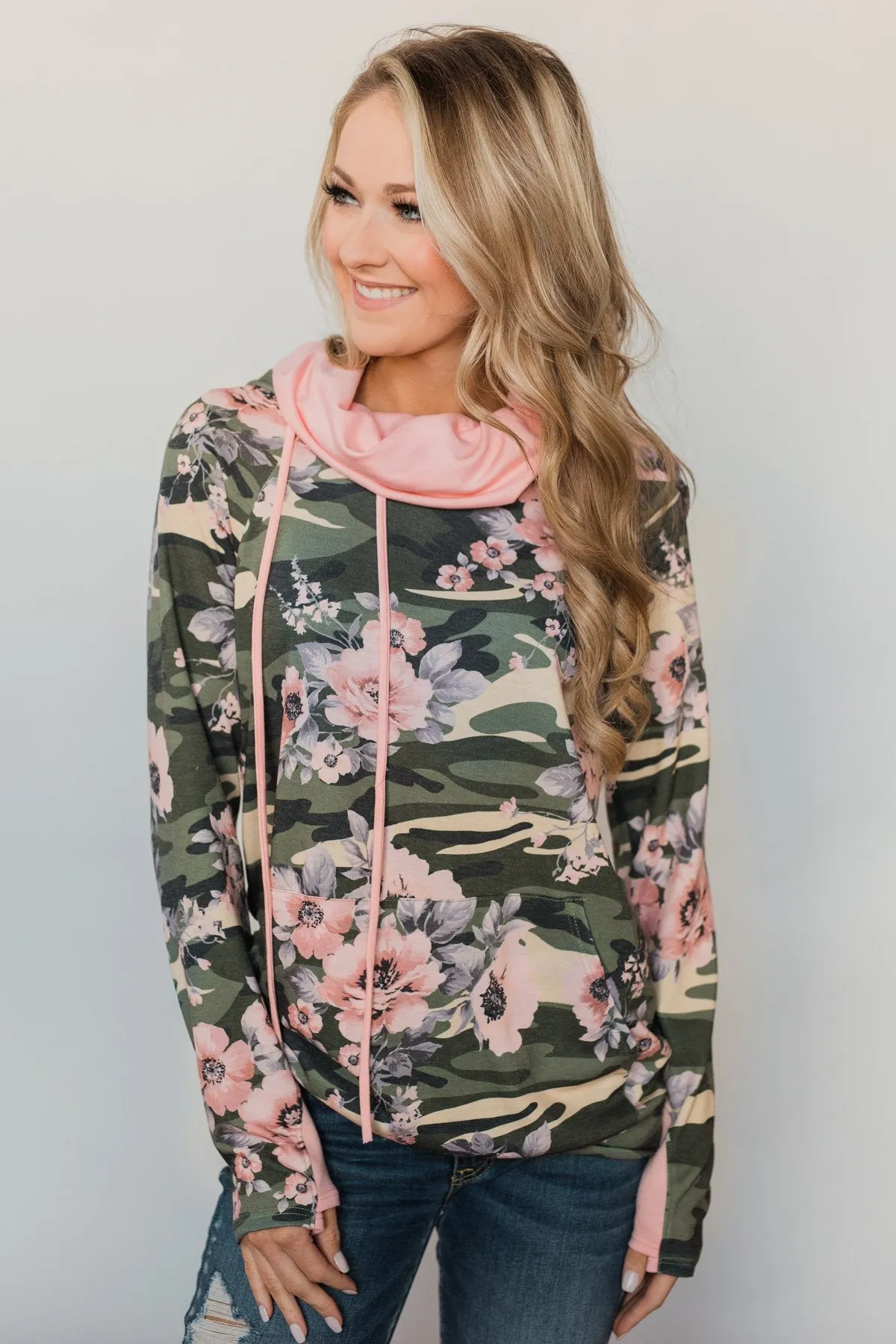 Found By You Camo & Floral Hoodie - Blush