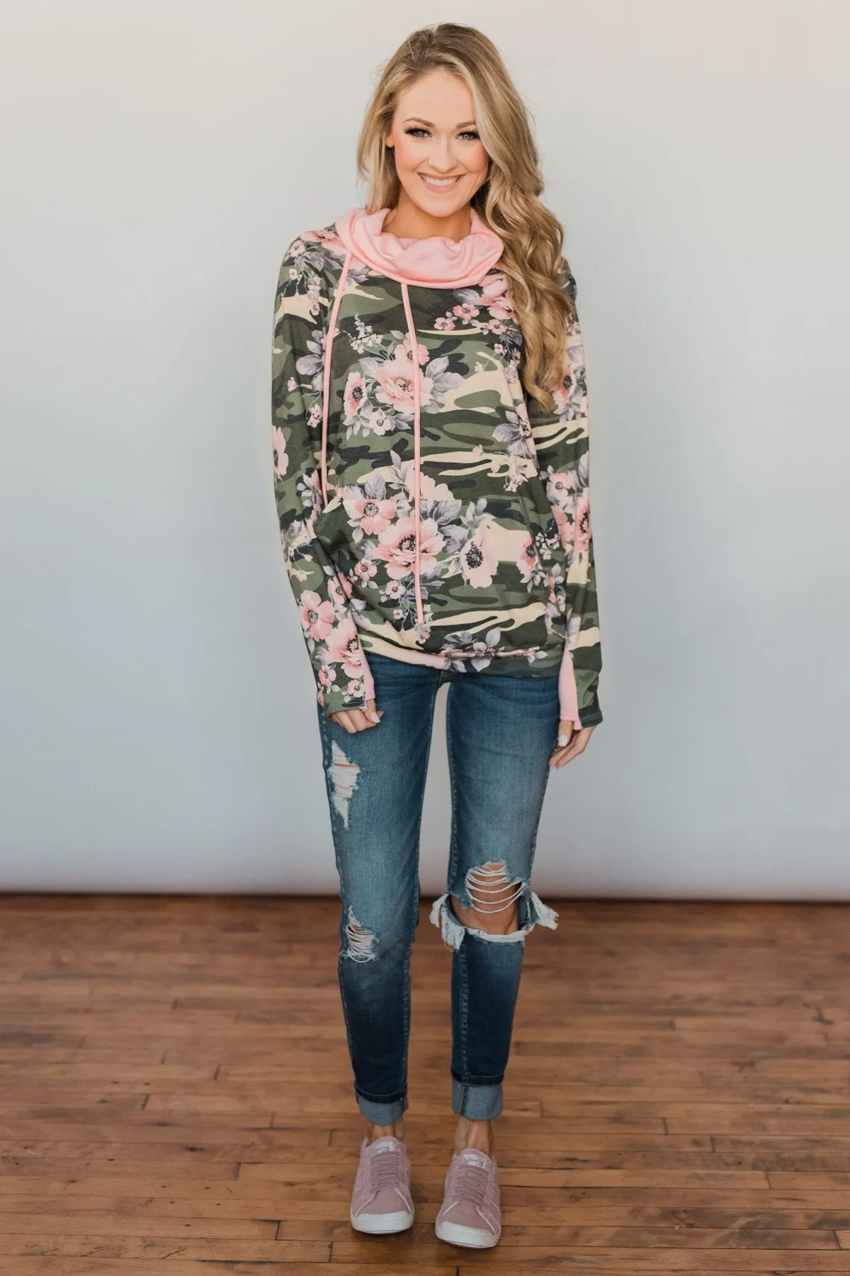 Found By You Camo & Floral Hoodie - Blush