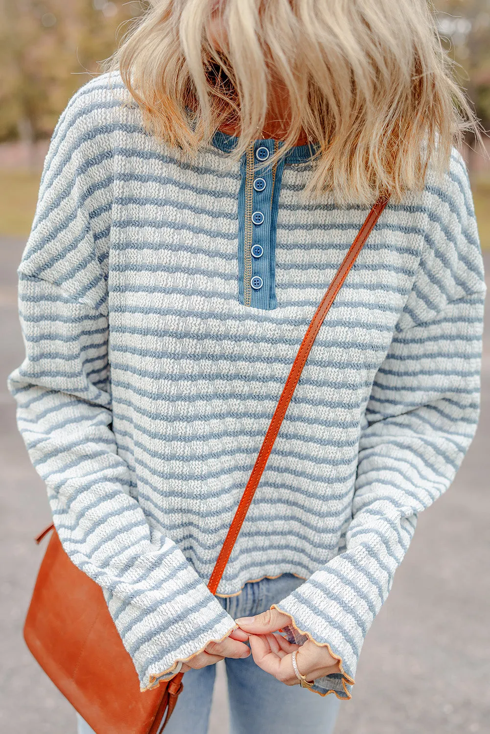 Frilly Trim Buttons Henley Long Sleeve Top